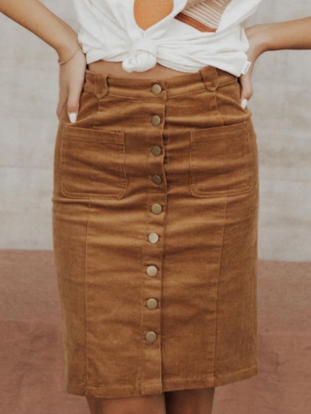 Bohme Button-Front Corduroy Fitted Pencil Skirt in Camel Brown